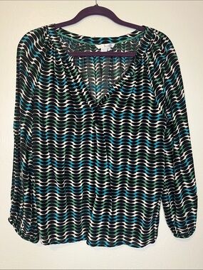 Boden Dolly Geometric Print Blouse - Size 6 Blue/Green Preppy Office Workwear